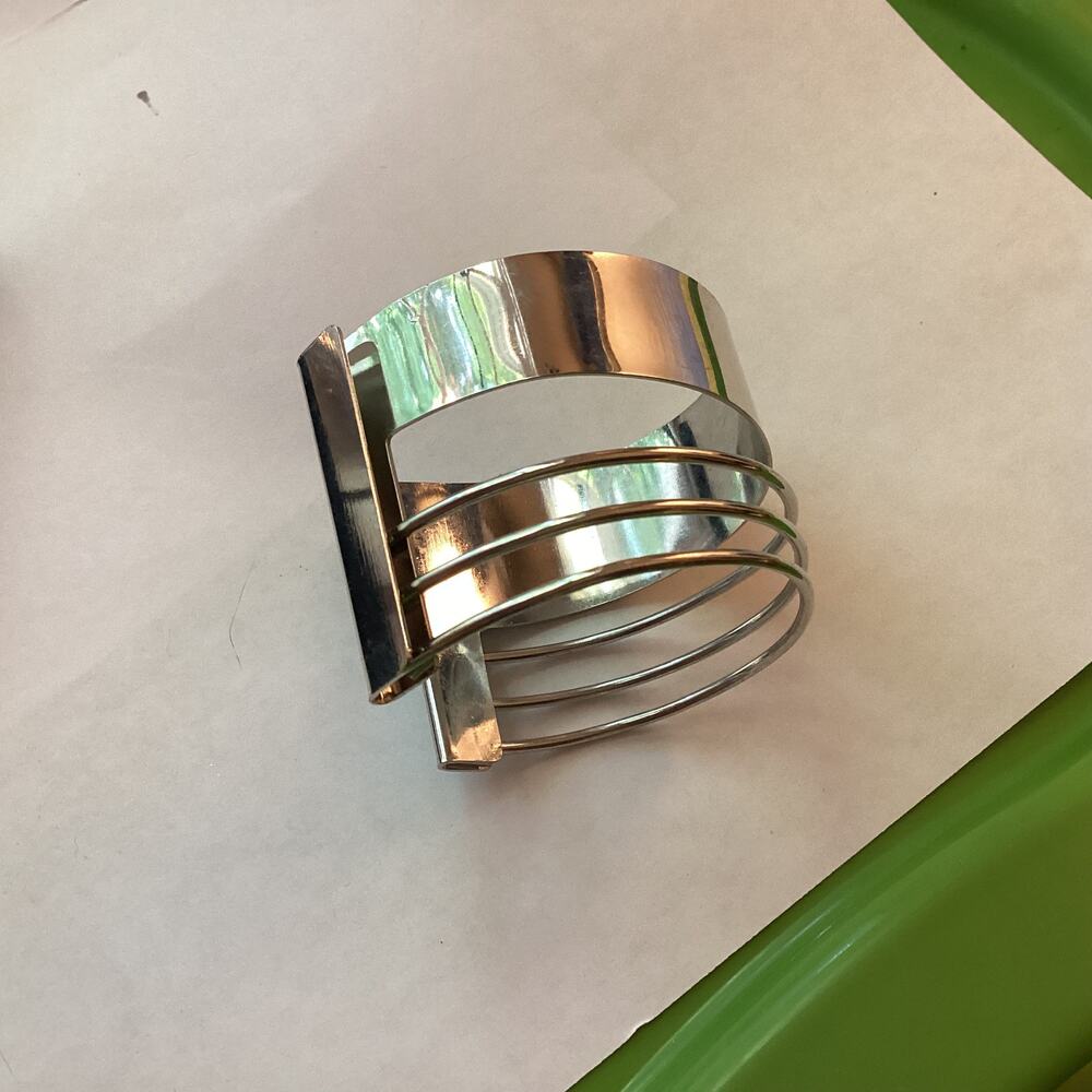 1736 Silvertone Geometric Hollow Cuff Wide Triple Row Bracelet Open End